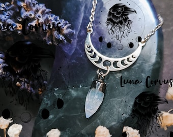Luna MOONSTONE ~ SilverMoon Pendant. Moon Charm. SilverChain. Jewelry. Necklace. Witch Necklace. Moon Phase. Moon Crescent. Grungy. Witchy.