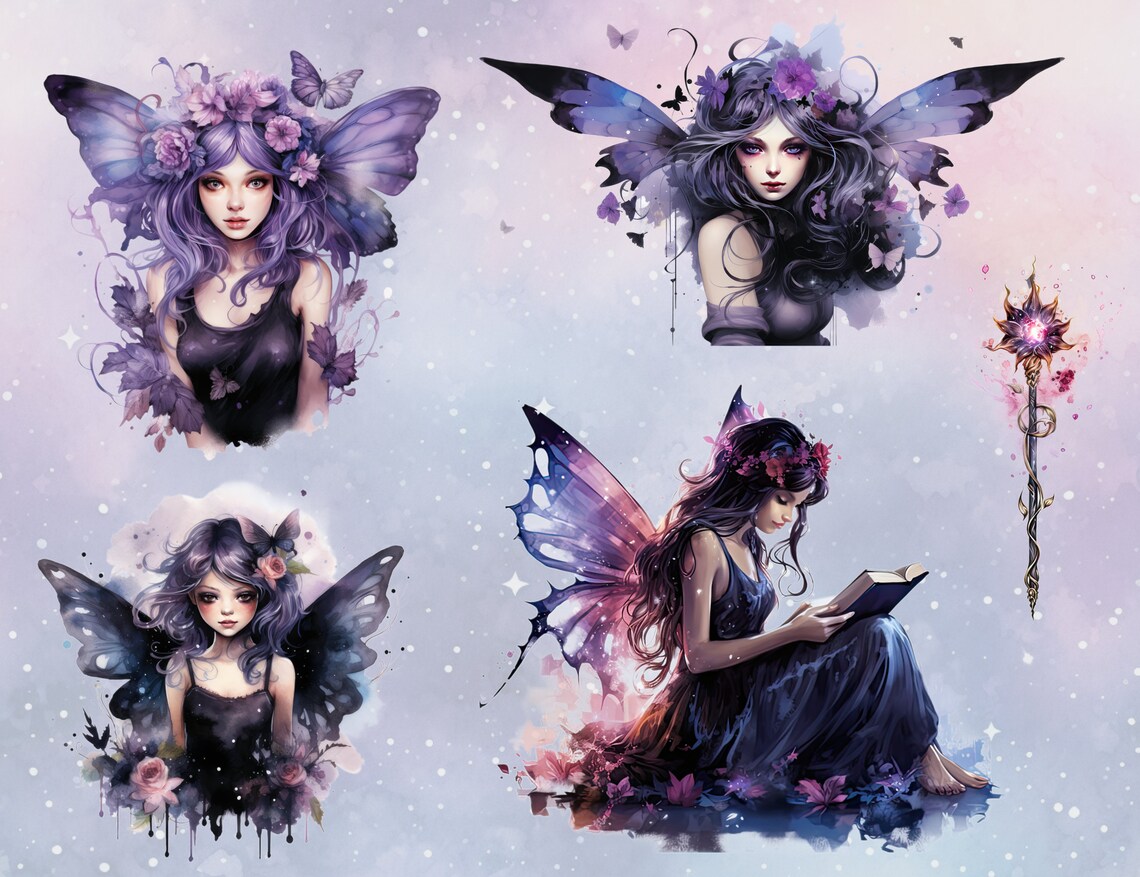 Fairy Watercolor Clipart PNG Butterfly Clipart Pastel Goth - Etsy