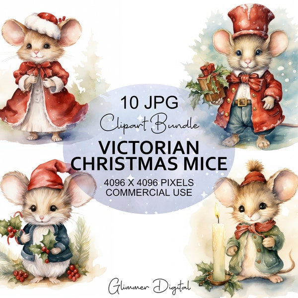 10 Christmas Mice High-Quality JPG Clipart Images - Digital Download - Digital Paper Craft - Christmas Ephemera - Commercial Use