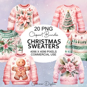 Pink Ugly Christmas Sweater Clipart - Digital Download - Watercolor Classic Christmas PNG - Christmas Ephemera - Commercial Use
