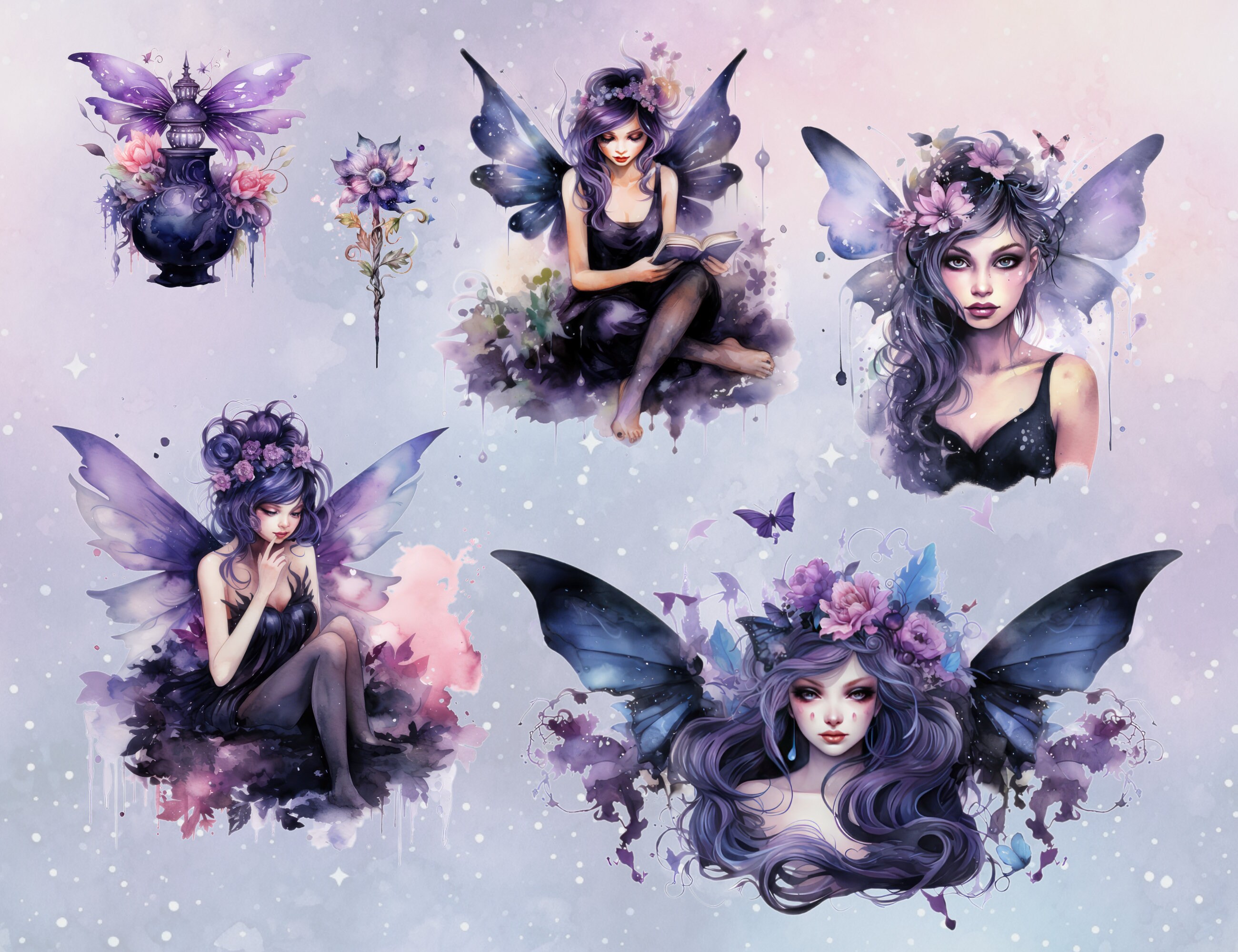 Fairy Watercolor Clipart PNG Butterfly Clipart Pastel Goth - Etsy