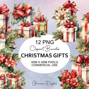 Victorian Christmas Gift Clipart PNG - Classic Christmas PNG - Christmas Ephemera - Vintage Christmas Watercolor Clipart - Commercial Use