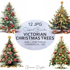 Christmas Tree High-Quality JPG Clipart Images -  Christmas Tree Watercolor Clipart - Vintage Christmas Clipart - Digital Download