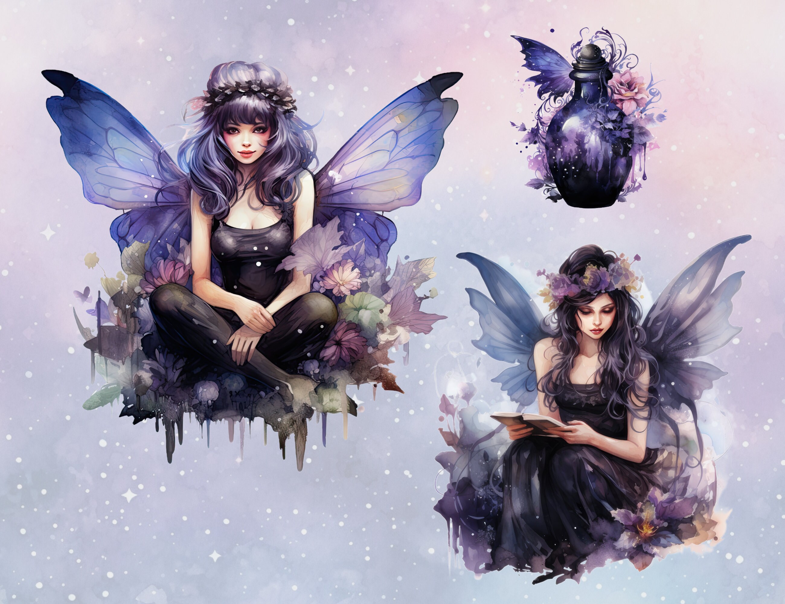 Fairy Watercolor Clipart PNG Butterfly Clipart Pastel Goth - Etsy
