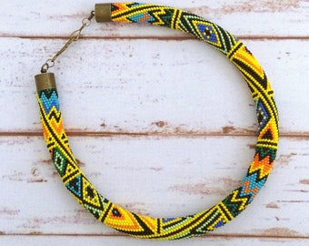 Handmade Czech Bead Crochet Necklace: Geometric Tribal Choker (18.5")