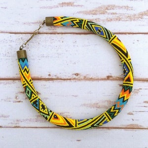 Yellow Bead Crochet Patchwork Necklace - Bright Seed Choker - African Tribal Necklace - Celtic Geometric Beaded Jewelry - Orange Yellow Rope