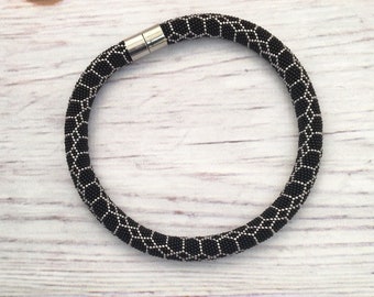 Black Silver Beaded Snake Necklace - Bead Crochet Reptile Jewelry - Black Mamba Snake Skin Choker - Statement Black Seeds Necklace,Toho Bead