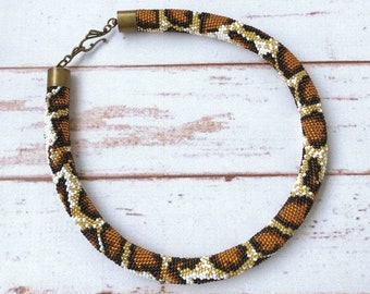 Crochet Snake Necklace: Brown Gold Seed Bead Reptile Choker