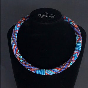 Southwest Boho Bead Crochet Jewelry Necklace - Native Americans Bead Choker - Bright Bead Crochet Patchwork Jewelry - Boho Blue Red Beadwork