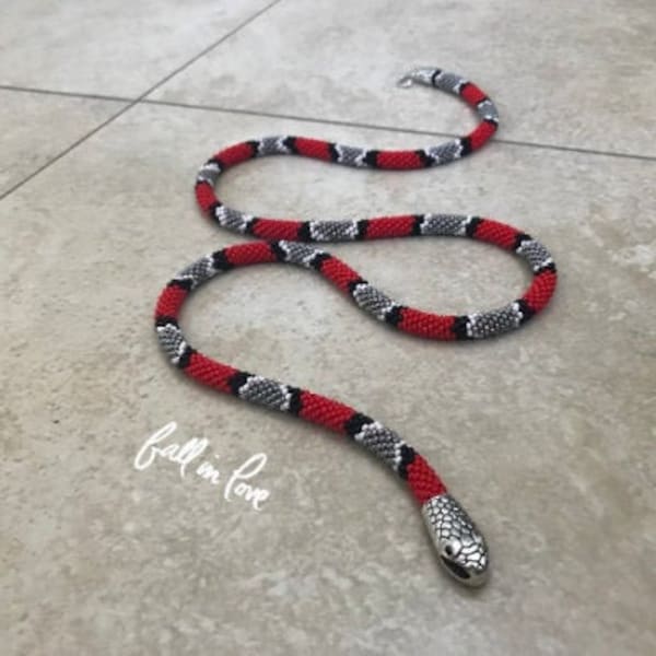 Beaded Snake Necklace - Bead Crochet Reptile Jewelry - Snake Skin Layered Rope - Red Long Necklace - Scarlet Snake Necklace - Unisex Snake