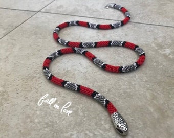 Beaded Snake Necklace - Bead Crochet Reptile Jewelry - Snake Skin Layered Rope - Red Long Necklace - Scarlet Snake Necklace - Unisex Snake