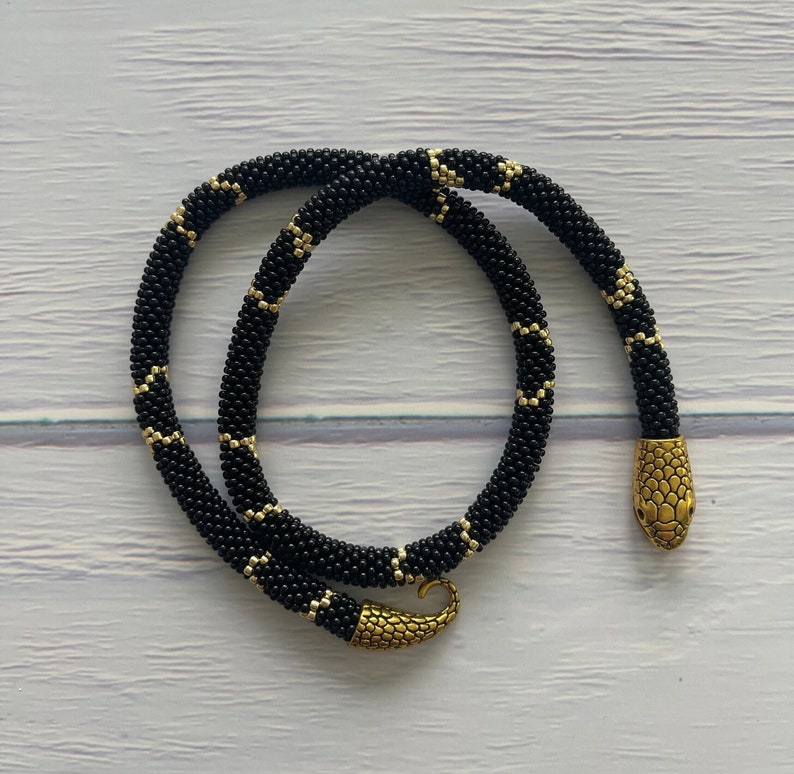SALE Bead Crochet Reptile Snake Skin Rope, Double Layered Black Gold