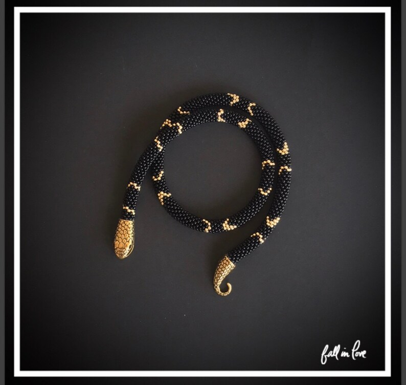 SALE Bead Crochet Reptile Snake Skin Rope, Double Layered Black Gold