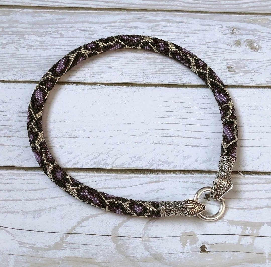 Beaded Snake Head Necklace - Purple Python Skin Choker - Snake Clasp ...