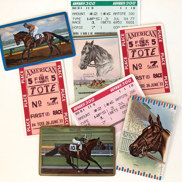 Vintage Horse Race Playing Cards Swaps Lot, Set of 8, Kentucky Derby Horses, Ephemera Pack for Decor Junk Journal Collage Altered Art, Etc