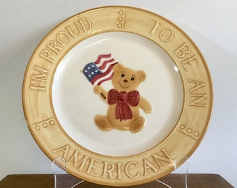 Vintage Patriotic Plate, Proud to be an American,  Teddy Bear Plate, 4th of July Decor, 1983, The Red Plate Co,  USA Flag, Cookie Plate