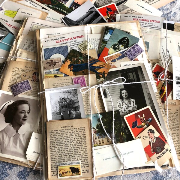 75 Piece Vintage Ephemera Pack, REAL Vintage Paper Pack Junk Journal Art Supply: Book Pages Photos Postcard Stamps Playing & Game Cards, ect