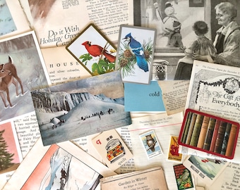 May include: A collection of vintage ephemera including a deer illustration, a cardinal and blue jay card, a snowy mountain postcard, a quilt alphabet card, a small book set, postage stamps, and various printed text clippings from old books.