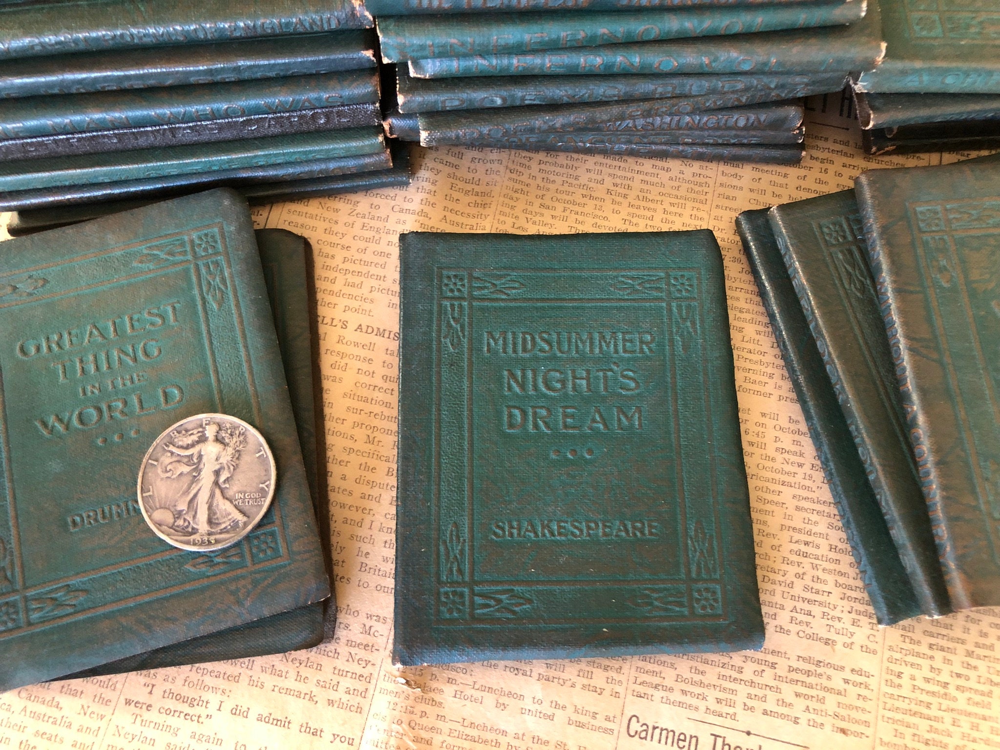 3 Tiny Antique Books, Little Leather Library, Small Green Leather Book,  1920s - Oddities For Sale has unique