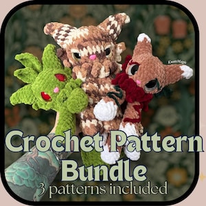May include: A crochet pattern bundle showing three handmade plush creatures. The creatures are in shades of green, brown, and red, with large eyes and whimsical features. The text "Crochet Pattern Bundle" and "3 patterns included" are visible.