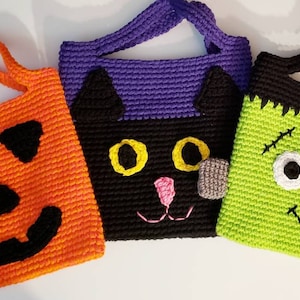 Halloween Treat Bags, Crochet Halloween bag, Trick Or Treat Tote, Candy Bag, Frankenstein, Black Cat, Jack O Lantern, Pumpkin bag