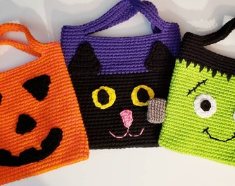 Halloween Treat Bags, Crochet Halloween bag, Trick Or Treat Tote, Candy Bag, Frankenstein, Black Cat, Jack O Lantern, Pumpkin bag