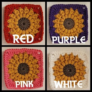 May include: Four crocheted squares, each featuring a sunflower design. The squares are in red, purple, pink, and white, with the corresponding color names displayed in large white text. The sunflowers have yellow petals and brown centers.
