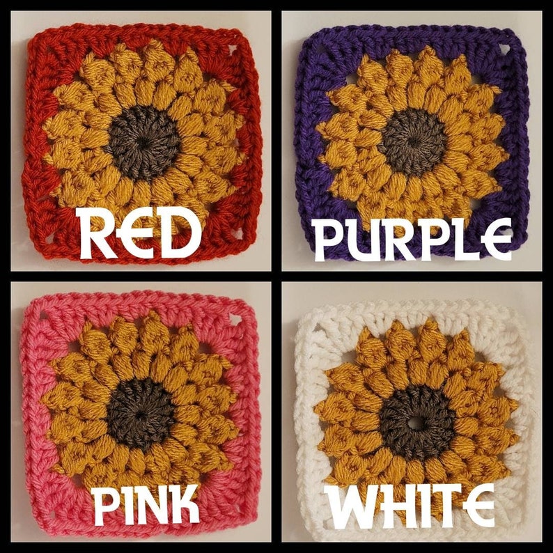 May include: Four crocheted squares, each featuring a sunflower design. The squares are in red, purple, pink, and white, with the corresponding color names displayed in large white text. The sunflowers have yellow petals and brown centers.