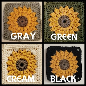 May include: Four crocheted sunflower squares in gray, green, cream, and black. Each square features a yellow sunflower with a brown center. The word "GRAY", "GREEN", "CREAM", and "BLACK" are printed on each square.