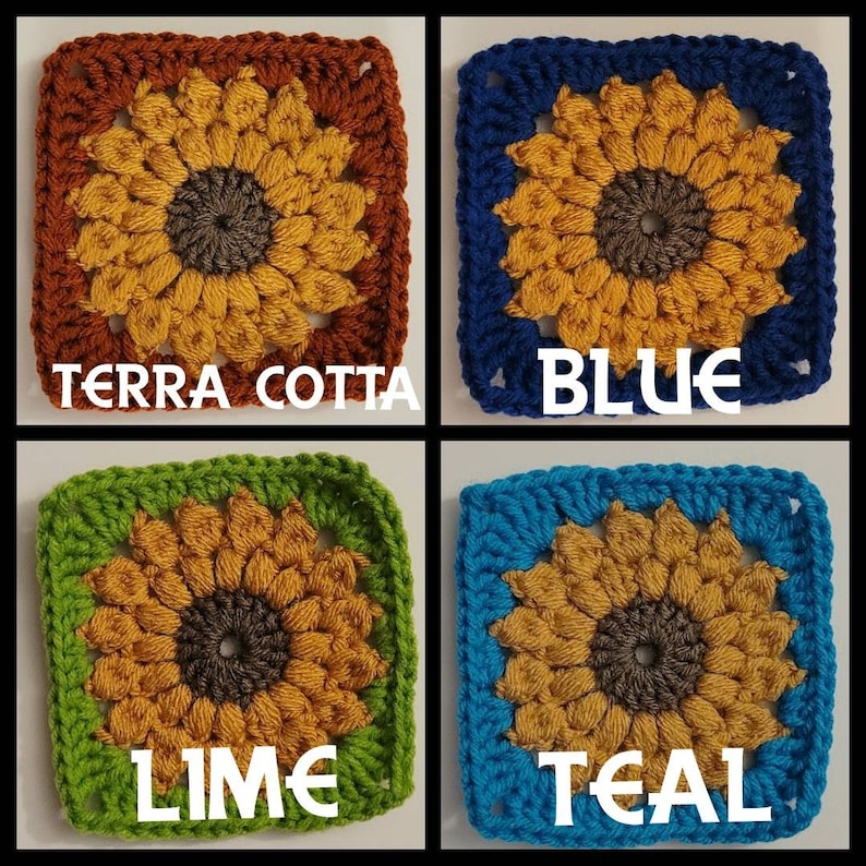 May include: Four crocheted sunflower squares in various colors: terra cotta, blue, lime, and teal. Each square features a yellow sunflower with a brown center, surrounded by a contrasting border. The color names are displayed in white text.