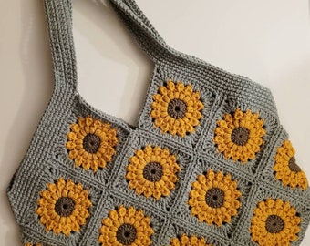 Large Sunflower Bag, Sunflower Tote, Sunflower Purse, Boho Bag, Boho Purse, Sunflowers, Sunflower Market Bag, Crochet Sunflower