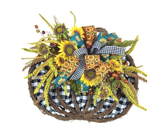 Black, White Buffalo Plaid on Grapevine Pumpkin Door-hanger with Sunflowers, Fall Leaves, Berries topped with Black, White Sunflower Bow.