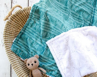 Teal Mudcloth Minky Baby Blanket: Personalized Nursery Bedding, Custom Embroidery, Adult Throw Blanket