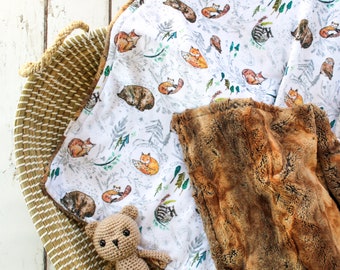 Woodland Animal Minky Baby Blanket: Personalized Nursery Bedding, Custom Embroidery, Adult Throw Blanket