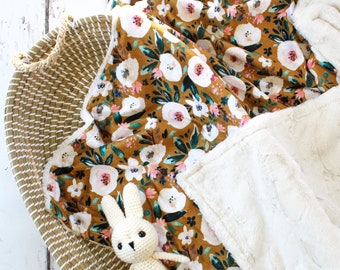 Mustard Floral Baby Blanket, Personalized Blanket, Flower Crib Bedding, Monogrammed Blanket, Security Blanket, Baby Girl Blanket