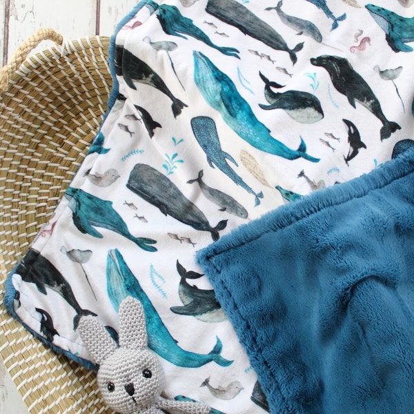 Ocean Whales Baby Blanket, Personalized Blanket, Minky Baby Blanket, Ocean Nursery, Monogrammed Blanket, Security Blanket, Baby Boy Blanket