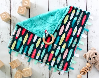 Surfing Minky Baby Lovey: Personalized Security Blanket with Wood Ring and Ribbon