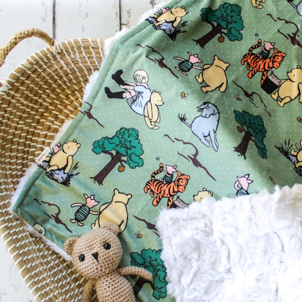 Winnie the Pooh Baby Minky Blanket, Personalized Blanket, Storybook Baby, Monogrammed Blanket, Security Blanket, Gender Neutral Baby