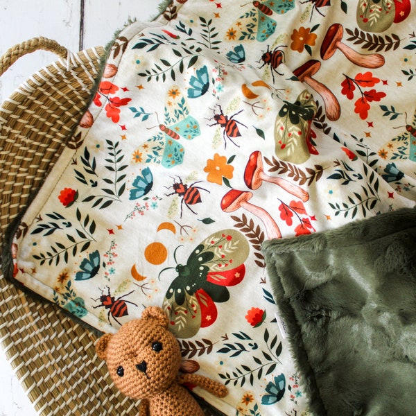 Boho Moth Baby Minky Blanket, Personalized Blanket, Forest Mushroom Baby, Nature Baby Theme, Monogrammed Blanket, Baby Girl Blanket