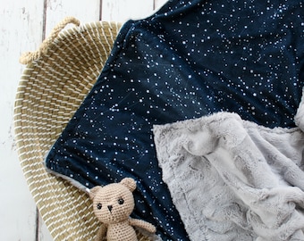 Navy Space Minky Baby Blanket: Personalized Nursery Bedding, Custom Embroidery, Adult Throw Blanket