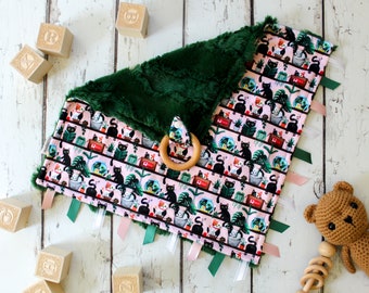 Crazy Cat Minky Baby Lovey: Personalized Security Blanket with Wood Ring and Ribbon