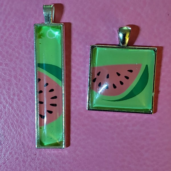 Watermelon Necklace pendant - silver and glass circle square or rectangle with waxed cotton necklace or silver snake Chain options.