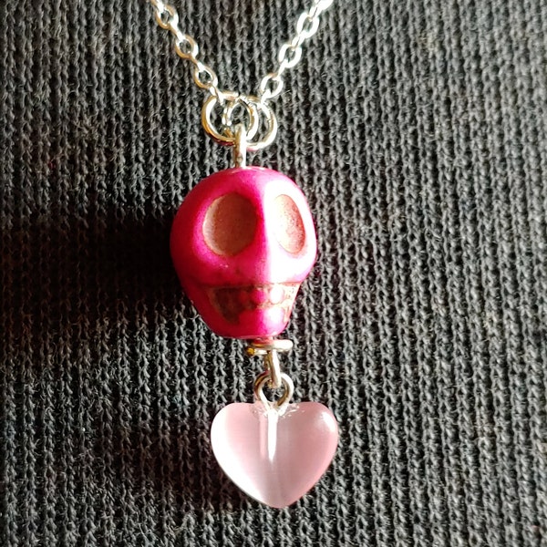 Pink Skull Necklace with Heart accent.  Head over Heart fixed pendant - dyed stone skull and silver tone heart with nickel free findings