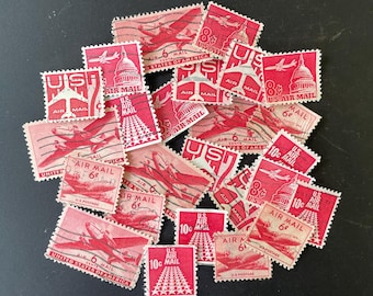 25 Vintage AIR MAIL Red Postage Stamps, Used US Stamps for Collecting, Scrapbooking, Crafting, Ephemera