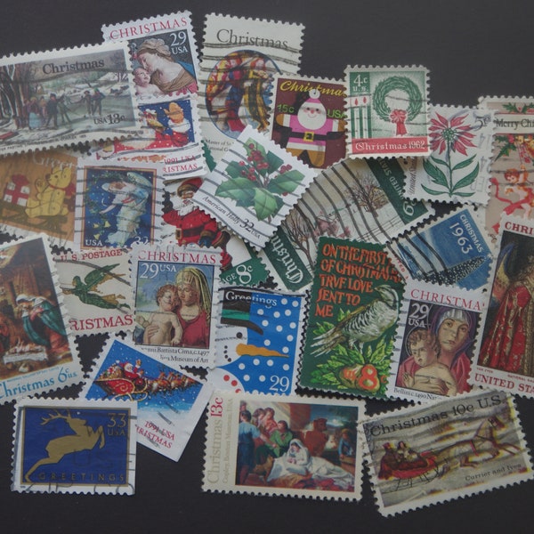 Vintage CHRISTMAS Postage Stamps ~ 25 different, used, off paper, cancelled postage stamps for collecting, scrapbooking, crafting, ephemera.