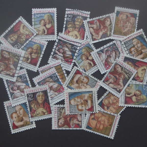 Vintage CHRISTMAS Postage Stamps ~ 24 Madonna and Child used, off paper, cancelled stamps for collecting, scrapbooking, crafting, ephemera.