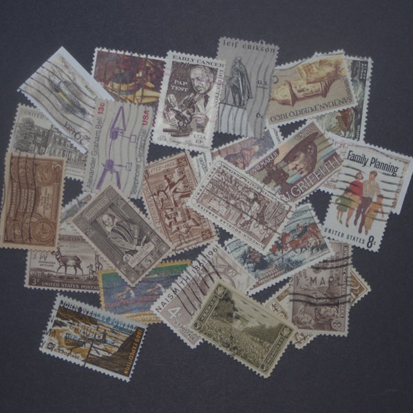 Vintage BROWN Postage Stamps ~ 25 Brown, various shades, used, off paper, cancelled stamps for collecting, scrapbooking, crafting, ephemera.