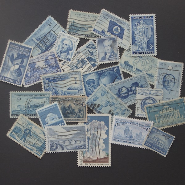 Vintage BLUE Postage Stamps ~ 25 Blue, various shades, used, off paper, cancelled stamps for collecting, scrapbooking, crafting, ephemera.