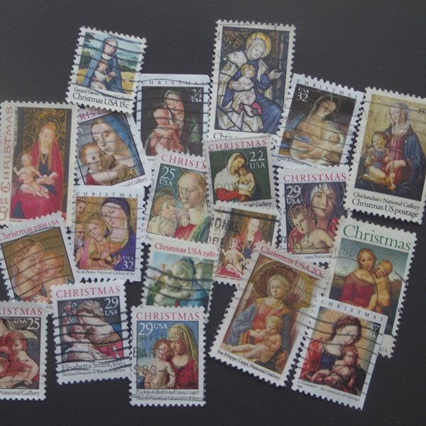 Vintage CHRISTMAS Postage Stamps ~ 20 Madonna and Child used, off paper, cancelled stamps for collecting, scrapbooking, crafting, ephemera.