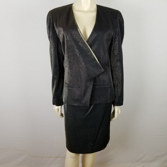 Krizia, Krizia Vintage black and silver Metallic cocktail evening skirt suit sz 42 sz 6
